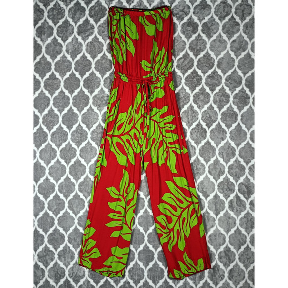 Hula Bay Jumpsuit Womens Medium Red Green Strapless Wide Leg Tropical Leaf Rayon - Picture 7 of 16